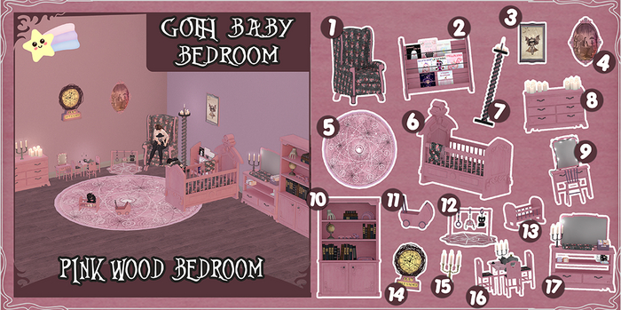[Starries] Goth Baby Pink Wood Bedroom Set for Toddlers