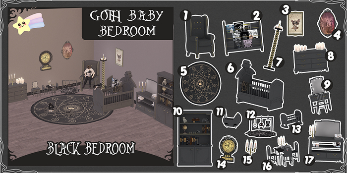 [Starries] Goth Baby Black Bedroom Set for Toddlers