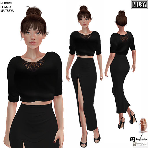 BLACK SLIT SKIRT&LACED TOP,MESH BODY