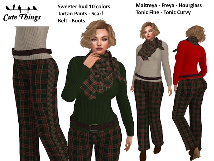 [CT] Lady Tartan Outfit - Tartan Green/Red - Sweater 10 colors - Maitreya - Freya - Hourglass- Tonic Fine - Tonic Curvy