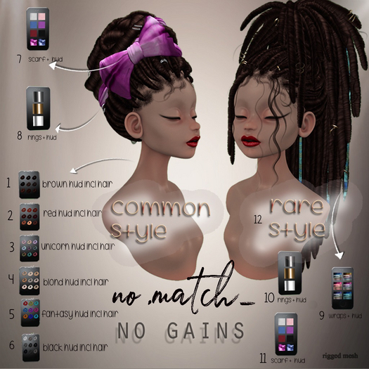 9. no match  NO GAINS wraps and hud for RARE hair A