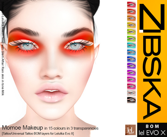 Zibska Evo X ~ Momoe Makeup in 15 colors in 3 transparencies with tattoo and universal tattoo BOM
