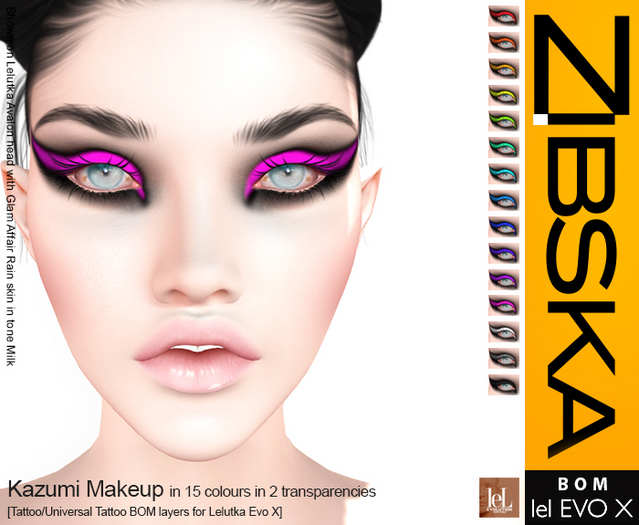 Zibska Evo X ~ Kazumi Makeup in 15 colors in 2 transparencies with tattoo and universal tattoo BOM