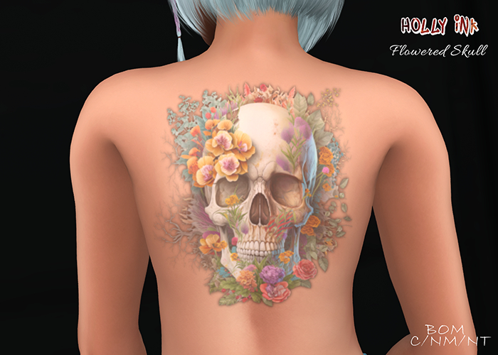 Holly Ink - Flowered Skull BOM back tattoo