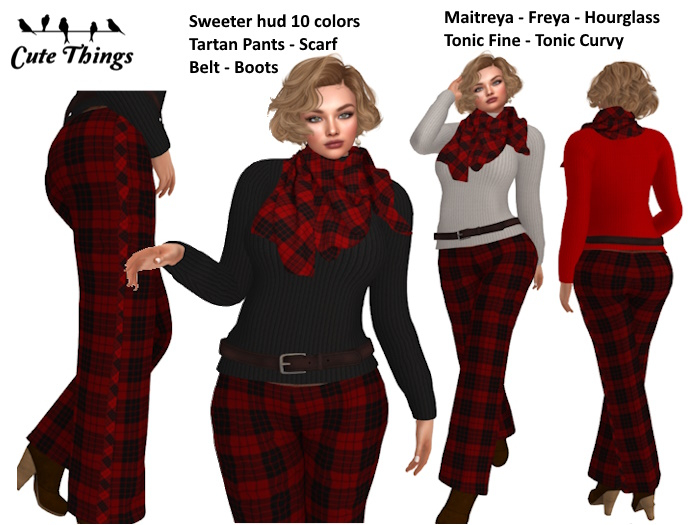 [CT] Lady Tartan Outfit - Tartan Black/Red Pants - Sweater X10 - Maitreya - Freya - Hourglass- Tonic Fine - Tonic Curvy