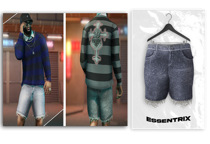 -ESSENTRIX-. Frayed Denim Shorts (BlueGrunge)