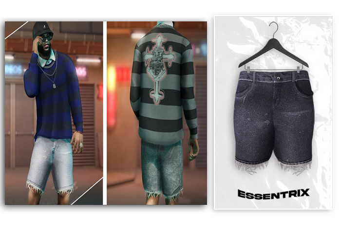 -ESSENTRIX-. Frayed Denim Shorts (D.Blue)