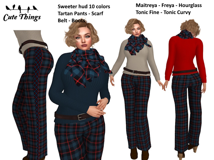 [CT] Lady Tartan Outfit - Sweater + Pants + Scarf + Boots -- Blu/Red Pants DEMO
