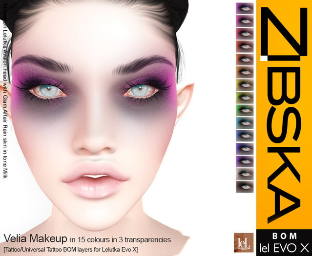 Zibska Evo X ~ Velia Makeup in 15 colors in 3 transparencies with tattoo and universal tattoo BOM