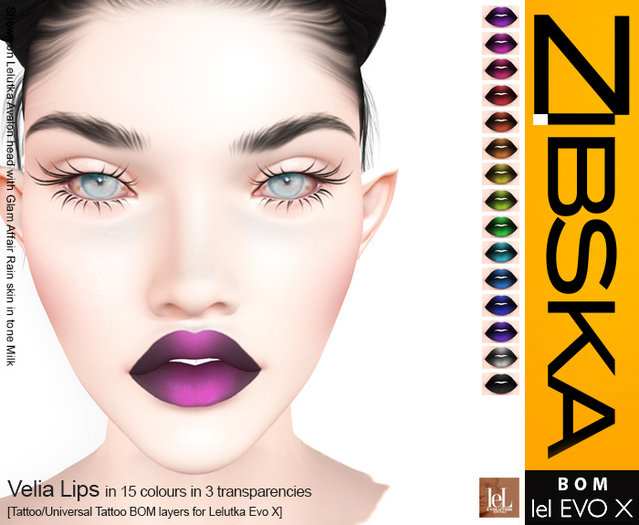 Zibska Evo X ~ Velia Lips in 15 colors in 3 transparencies with tattoo and universal tattoo BOM