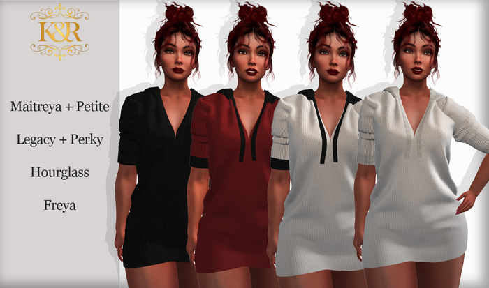 Chic knitt Dress with hood. Maitreya, Legacy,  Slink Hourglass, Belleza Freya. 12 Knitt TExtures