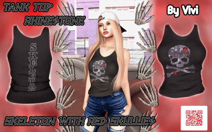 Tank top Rhinestone Skeleton with Red Skullies-Vivi