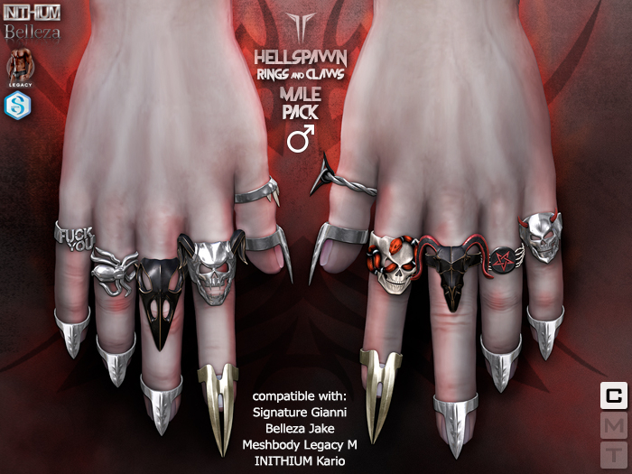 **RE** Hellspawn Rings & Claws - MALE PACK - Singature - Belleza - Meshbody - Inithium