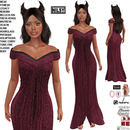 LACE OFFSHOULDER GOWN,CL&MESH BODY