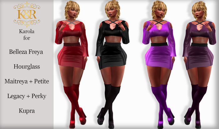 Karola Skirt, Top, Boots,  Legacy, Perky, Kupra, Maitreya, Petite, Freya, Hourglass, Texture Changer, 6 Colors