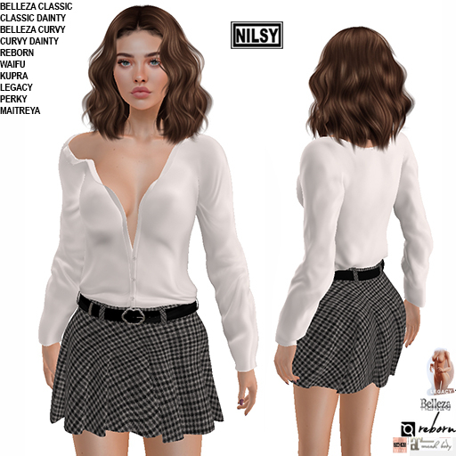 WHITE BLOUSE&TWEED SKIRT,MESH BODY