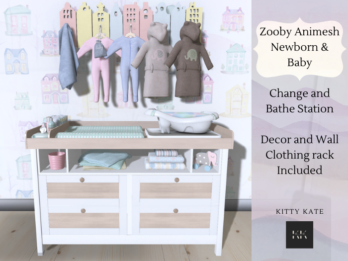 {KK} Zooby Tub & Changer with Baby Clothes Rack ~ Zooby scripted tub & changing mat /decor