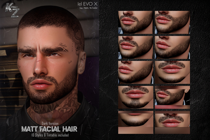 KARMAZZ Matt Facial Hair - 10 Styles & Tintable included - Dark Version