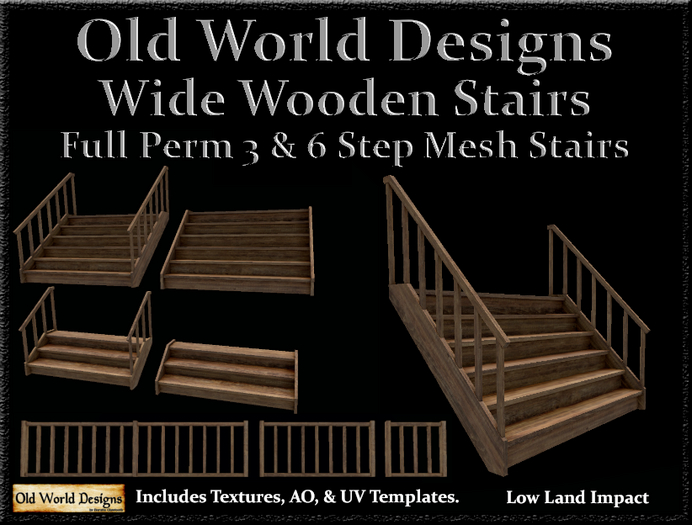 Old World Designs Double Width Wide Wooden Staircase Set - Full Perm 3 and 6 Step Stairs