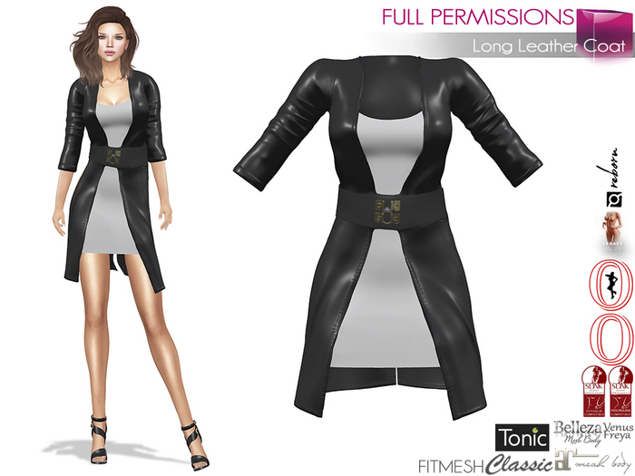 Full Perm Female Long Leather Coat Slink Voluptuous Maitreya Belleza Tonic Classic Ebody Reborn Legacy Avatars