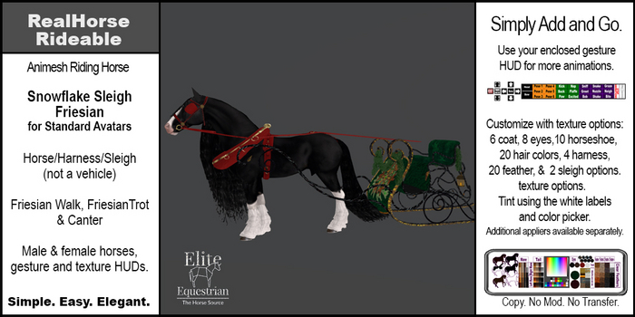 *E* RealHorse Rideable Friesian Snowflake Sleigh [Add & Click]