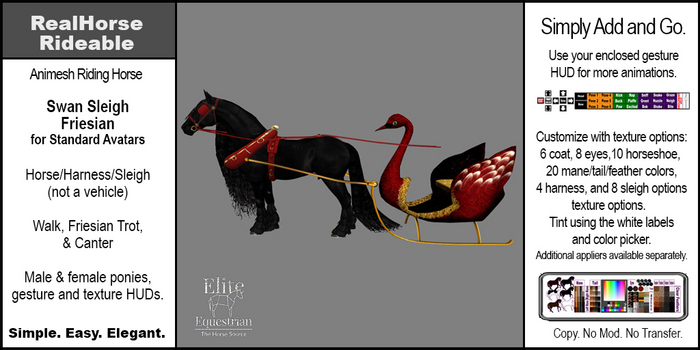 *E* RealHorse Rideable Friesian Swan Sleigh [Add & Click]