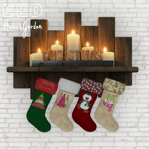 EED's WOOD SHELF w CANDLES&STOCKINGS c