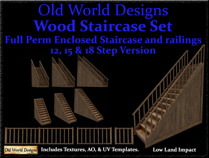 Old World Designs12 15 and 18 Step enclosed wooden staircase set Full perm builders set