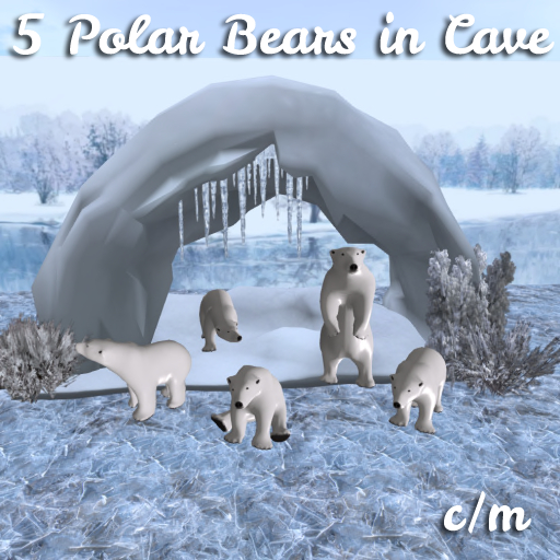 5 Polar Bears With Cave Icicles & Winter Bushes