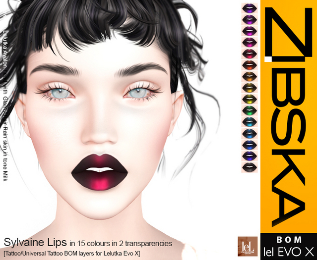 Zibska Evo X ~ Sylvaine Lips in 15 colors in 2 transparencies with tattoo and universal tattoo BOM layers