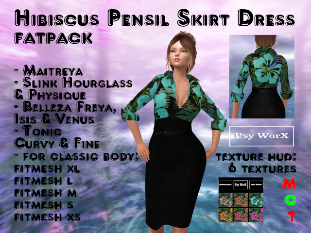 >PsyWorx< Hibiscus Pencil Skirt Dress FATPACK w texture HUD v2