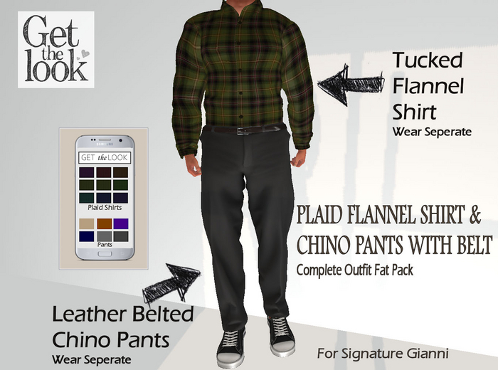 <PROMO 50% OFF> CASUAL PLAID FLANNEL LONG SLEEVE SHIRT AND BELTED CHINO PANTS COMPLETE OUTFIT FOR SIGNATURE GIANNI