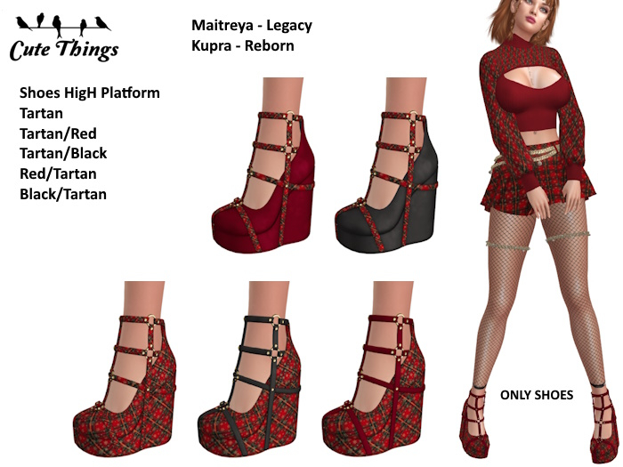 [CT] Shoes High Platform Red/Black /Tartan - Maitreya - Legacy - Kupra - Reborn