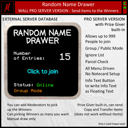 Random Name Drawer Pro Server with Prize Giver (Wall)