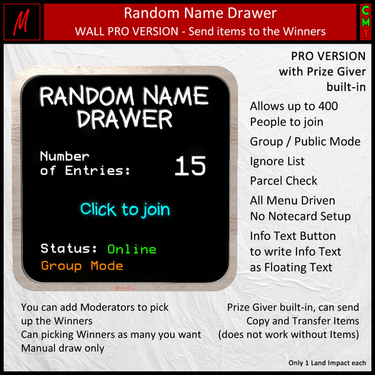 Random Name Drawer Pro with Prize Giver (Wall)