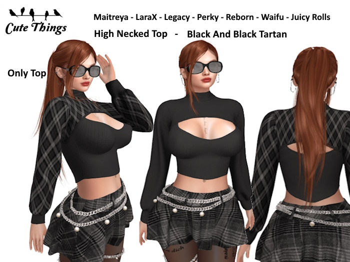 [CT] High Necked Top Black  + Black Tartan  - Maitreya - LaraX - Legacy - Perky - Reborn - Waifu - Juicy Rolls