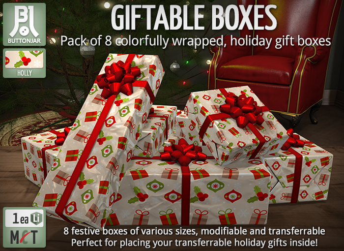 8 Christmas Gift Boxes - Holly - Buttonjar :: Holiday Presents, Gift Wrap, Transfer, Transferrable