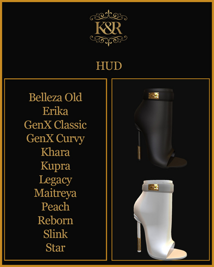 Diva Boots, Belleza old, Erika, Gen,X, Khara, Kupra, Legacy, Maitreya, Peach, Slink, Star