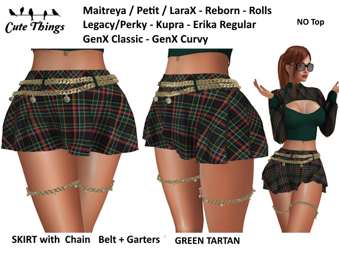 [CT] Flared Mini Skirt Green + Garters, LaraX, Maitreya, Petit, Reborn, Rolls, Legacy, Erika, Kupra, GenX Classic, Curvy