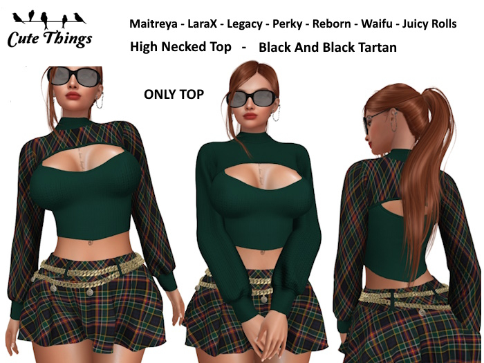 [CT] High Necked Top Green + Green Tartan - LaraX - Maitreya - Legacy - Perky - Reborn - Waifu - Juicy Rolls