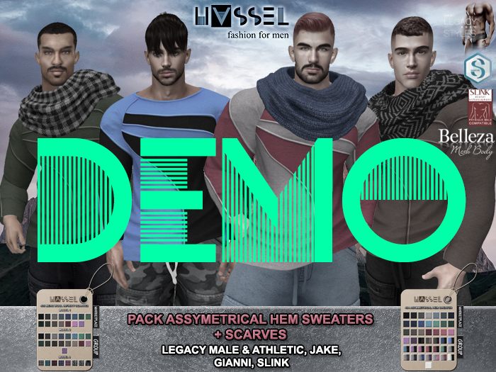 (HASSEL) DEMO ASSYMETRICAL HEM KNITTED SWEATERS & WOOL INFINITY SCARVES LEGACY MALE & ATHLETIC, JAKE, GIANNI, SLINK 434