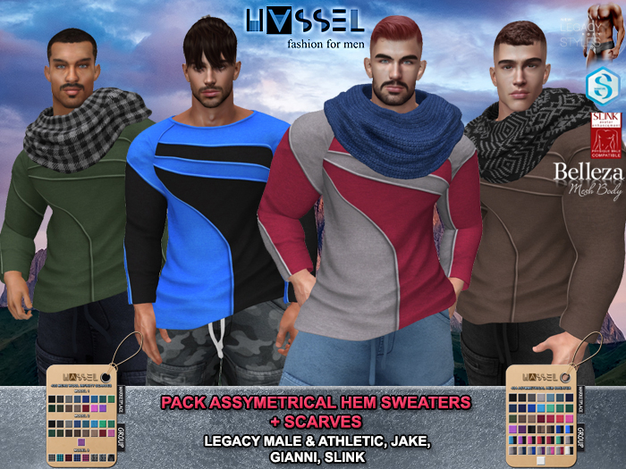 (HASSEL) PACK ASSYMETRICAL HEM KNITTED SWEATERS & WOOL INFINITY SCARVES LEGACY MALE & ATHLETIC, JAKE, GIANNI, SLINK 434