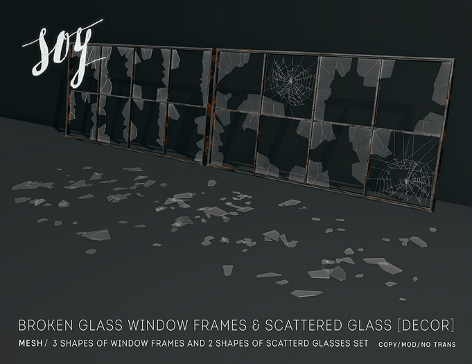 Soy. Broken glass window frames & scattered glass (addme)