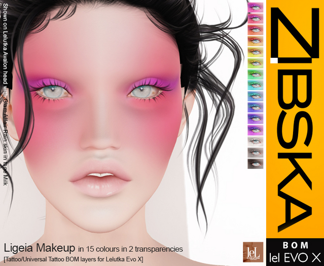 Zibska Evo X ~ Ligeia Makeup in 15 colors in 2 transparencies with tattoo and universal tattoo BOM layers