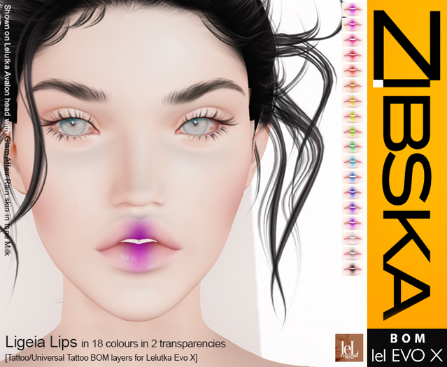 Zibska Evo X ~ Ligeia Lips in 18 colors in 2 transparencies with tattoo and universal tattoo BOM layers