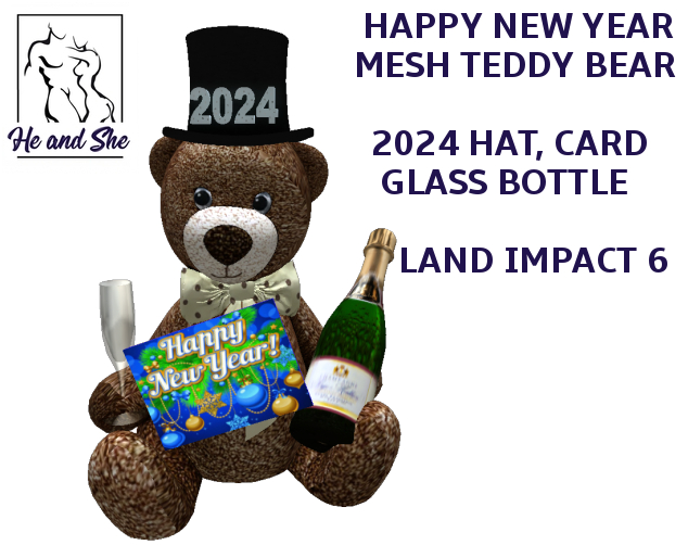 Happy New Years 2024 Mesh Teddy Bear with Hat and Card holding Glass New Year Holiday Promotional Promo Gift Sale Price 