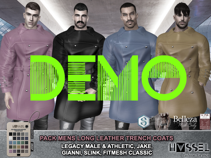 (HASSEL) DEMO MENS LONG LEATHER TRENCH COATS LEGACY MALE, LEGACY ATHLETIC, BELLEZA JAKE, SIGNATURE GIANNI, SLINK 436 