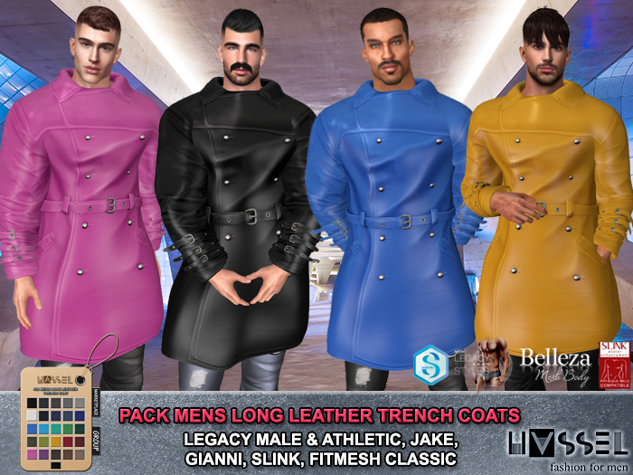 (HASSEL) PACK MENS LEATHER TRENCH COATS - LONG JACKETS - LEGACY MALE, LEGACY ATHLETIC, BELLEZA JAKE, GIANNI, SLINK 436 