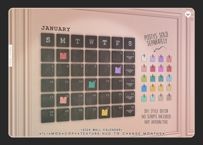 Second Life Marketplace - [PC] Mesh Wall Calendar 2024