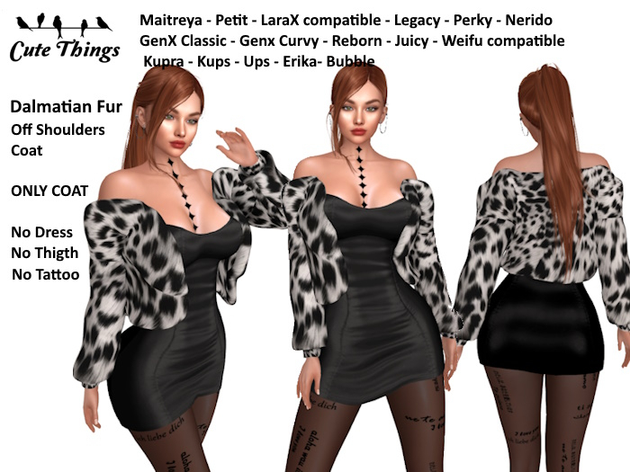 [CT] Off Shoulders Fur Dalmatian Coat Cruella - Maitreya, Petit, GenX, Legacy, Perky, Nerido, Reborn, Juicy, Kupra,Erika